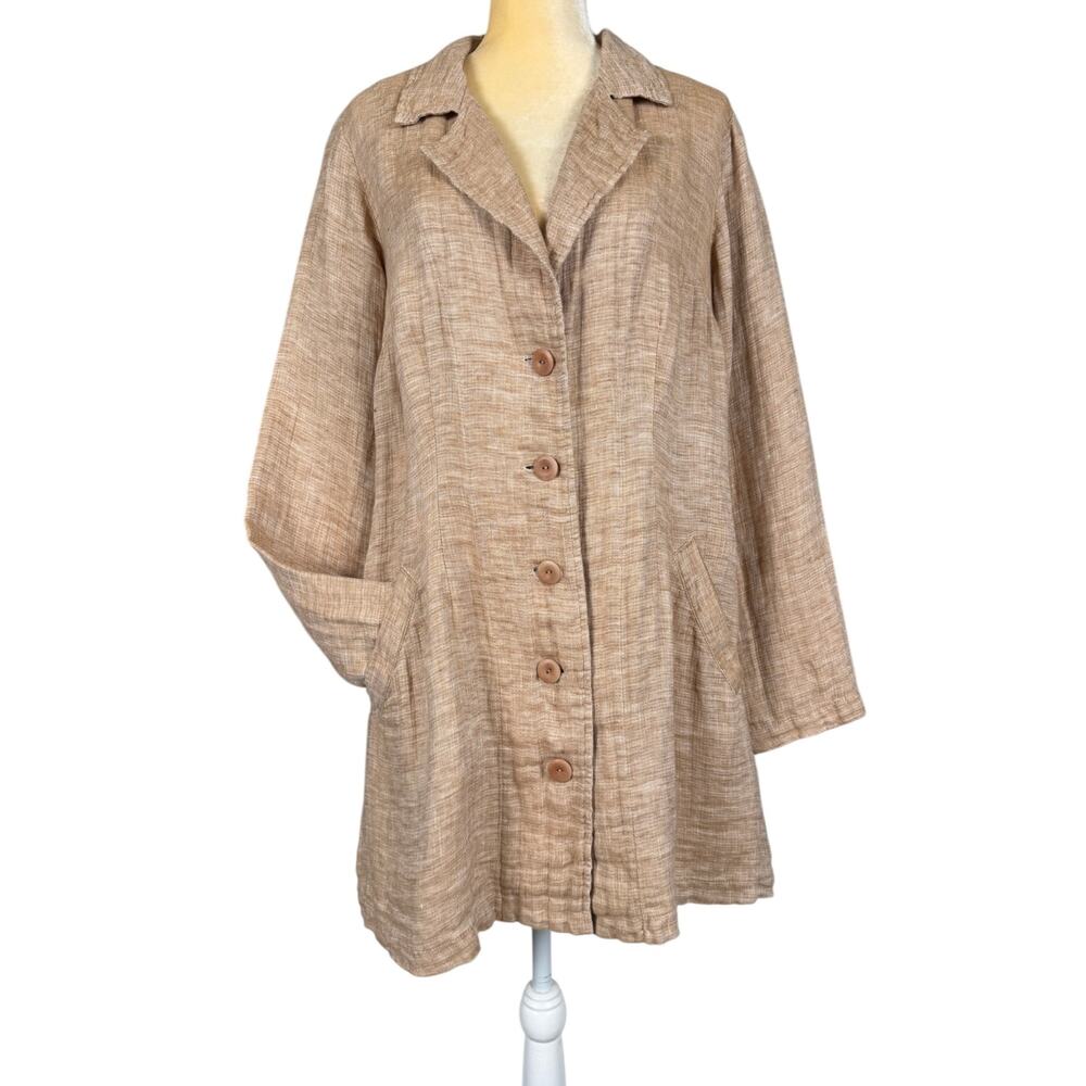 Flax Linen Button Front Tunic Shirt Jacket Tan Small Lagenlook Minimalist - Picture 2 of 9